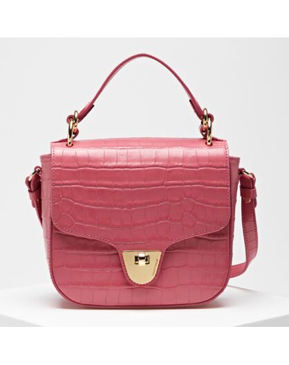 Petit sac à main en Cuir croco Florence Shiny Soft rose - 19.5x18x6 cm